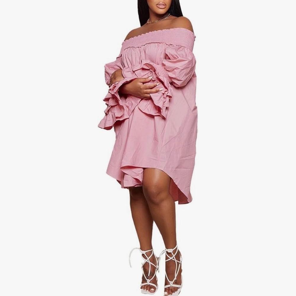 Off-Shoulder Pink Ruffle Sleeve Women's Dress XXL
